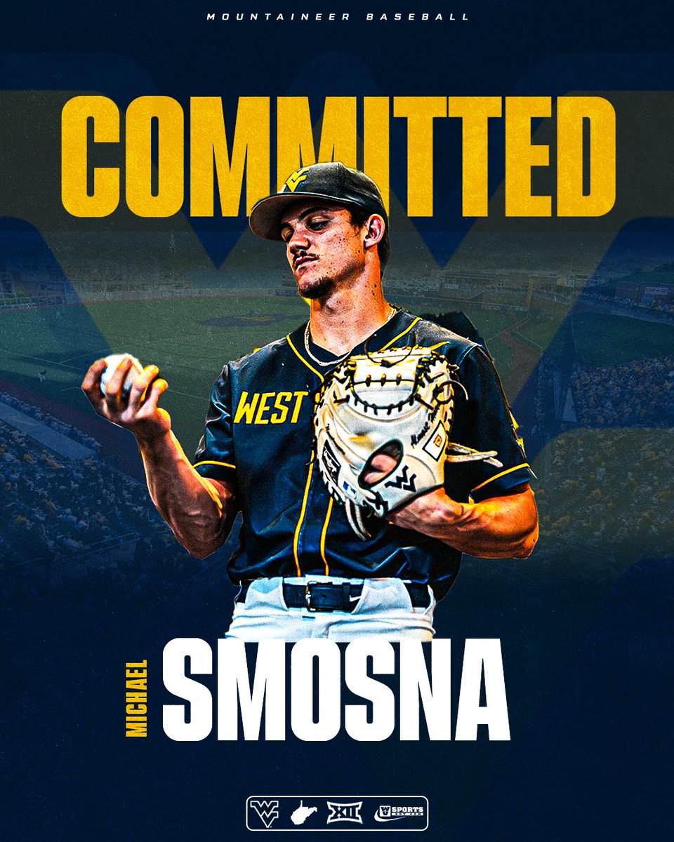 WVU adds a big bat behind the plate with D3’s top-rated catcher, Michael Smosna. The 2025 SCAC Player of the Year hit .439 with 7 triples and 8 HRs for McMurry. #WVU #HailWV