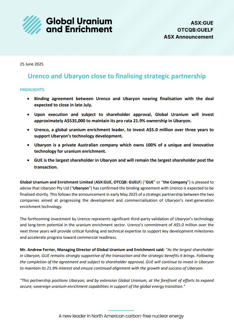 $GUE is pleased to advise that Ubaryon has confirmed the binding agreement with Urenco is expected to be finalised shortly representing significant third-party validation of Ubaryon’s technology and long-term potential in the uranium enrichment sector.

bit.ly/4ndTcxH
