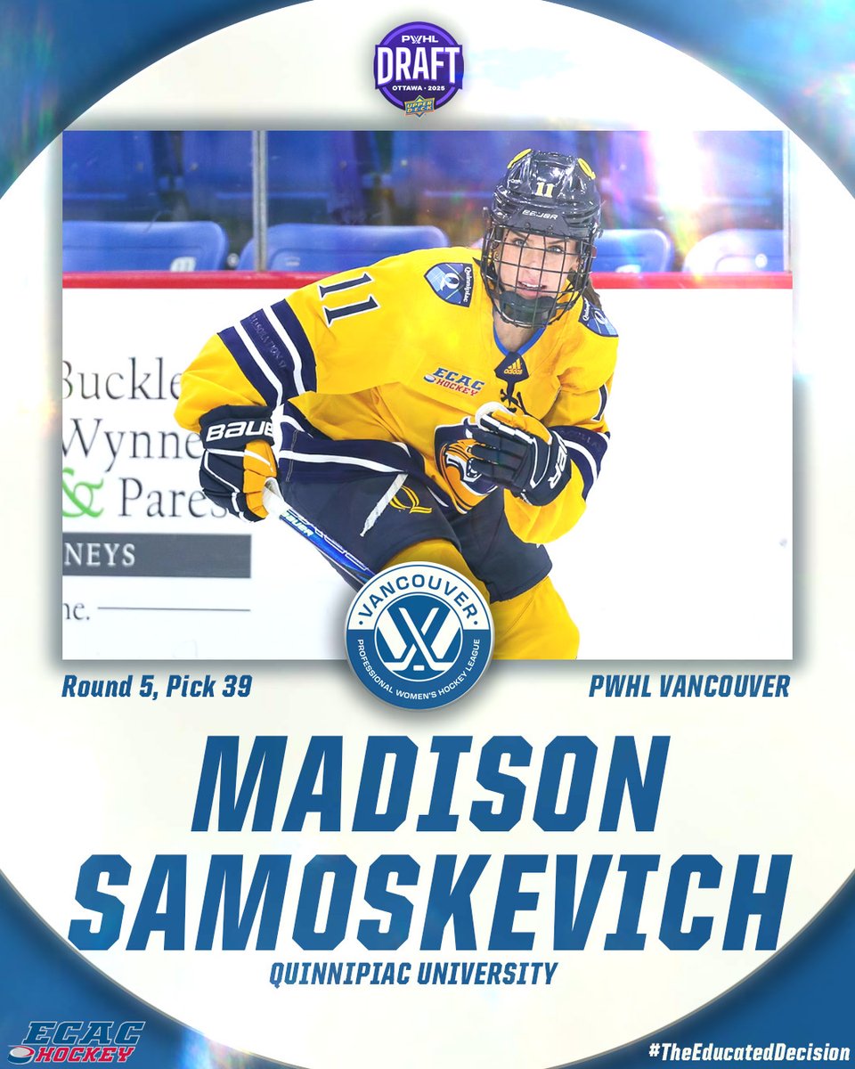 The Bobcats are flying off the board now! 

<a href="/QU_WIH/">Quinnipiac Women's Ice Hockey</a> logs another pick as Maddie Samoskevich is selected by <a href="/PWHL__Vancouver/">PWHL Vancouver</a>!

#ECACHockey