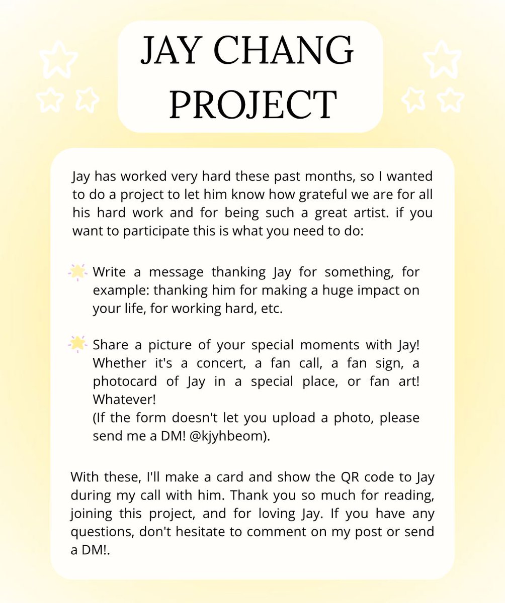 kjyhbeom's tweet photo. Hii Sunlight, &amp;heart or B.U. I’m organizing a project to show Jay on my next call with him. I would be very grateful if you could join. The information is in the image below and the form in the replies 💗

Due date: July 4 at 11:59pm EST https://t.co/aWrT1jzW25