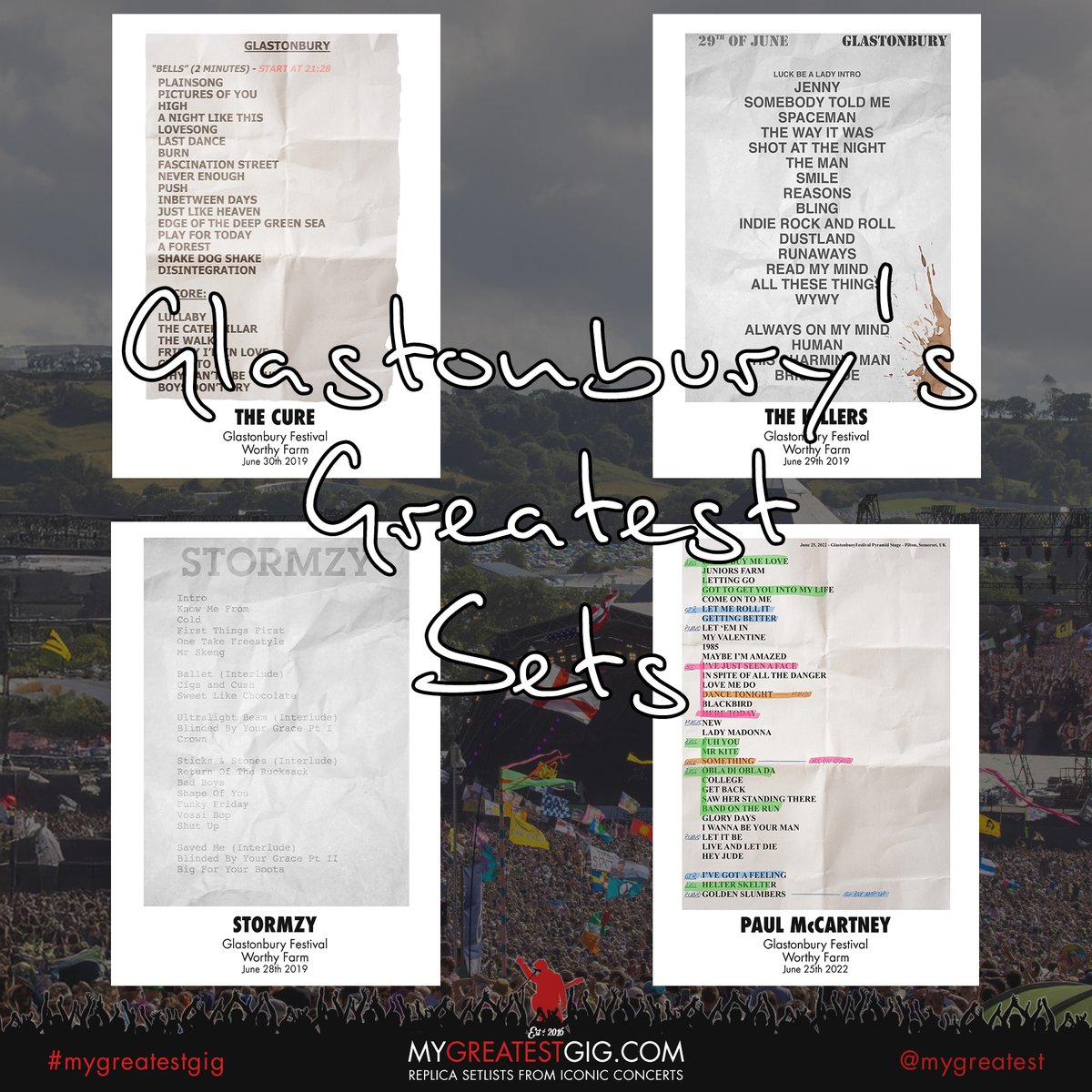 greatestgig's tweet image. 🎸🌈 TOP 30 GLASTONBURY SETS OF ALL TIME? 🌈🎸We’ve recreated 30 iconic sets with stage-accurate replica setlists – from Bowie to Beyoncé, Pixies to Pulp.
👇 Do YOU agree? 🎶 Who’s missing? 👀 Will #Glastonbury2025 crack the list?
#MyGreatestGig #ReplicaSetlist #Glastonbury