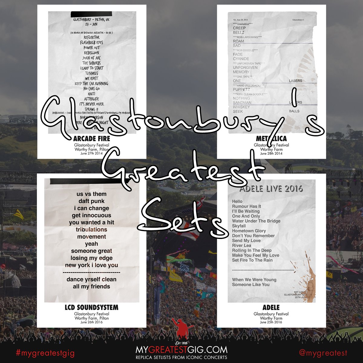 greatestgig's tweet image. 🎸🌈 TOP 30 GLASTONBURY SETS OF ALL TIME? 🌈🎸We’ve recreated 30 iconic sets with stage-accurate replica setlists – from Bowie to Beyoncé, Pixies to Pulp.
👇 Do YOU agree? 🎶 Who’s missing? 👀 Will #Glastonbury2025 crack the list?
#MyGreatestGig #ReplicaSetlist #Glastonbury