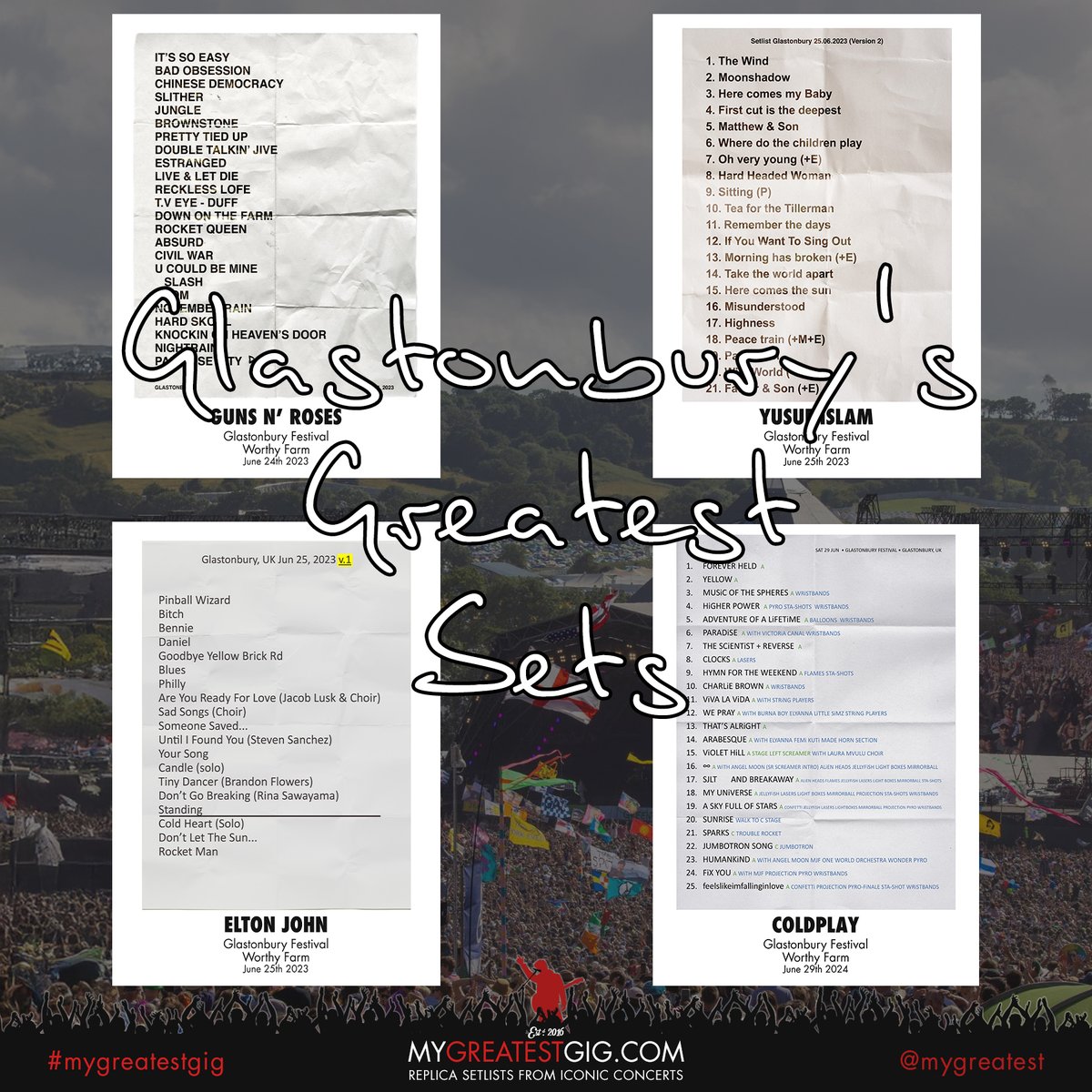 greatestgig's tweet image. 🎸🌈 TOP 30 GLASTONBURY SETS OF ALL TIME? 🌈🎸We’ve recreated 30 iconic sets with stage-accurate replica setlists – from Bowie to Beyoncé, Pixies to Pulp.
👇 Do YOU agree? 🎶 Who’s missing? 👀 Will #Glastonbury2025 crack the list?
#MyGreatestGig #ReplicaSetlist #Glastonbury