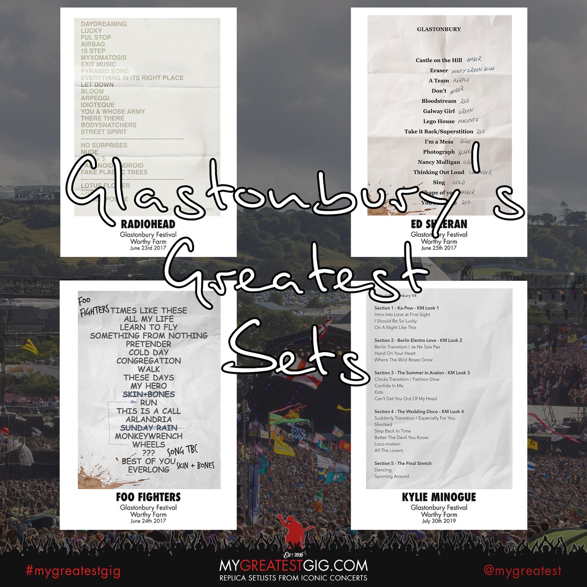 greatestgig's tweet image. 🎸🌈 TOP 30 GLASTONBURY SETS OF ALL TIME? 🌈🎸We’ve recreated 30 iconic sets with stage-accurate replica setlists – from Bowie to Beyoncé, Pixies to Pulp.
👇 Do YOU agree? 🎶 Who’s missing? 👀 Will #Glastonbury2025 crack the list?
#MyGreatestGig #ReplicaSetlist #Glastonbury