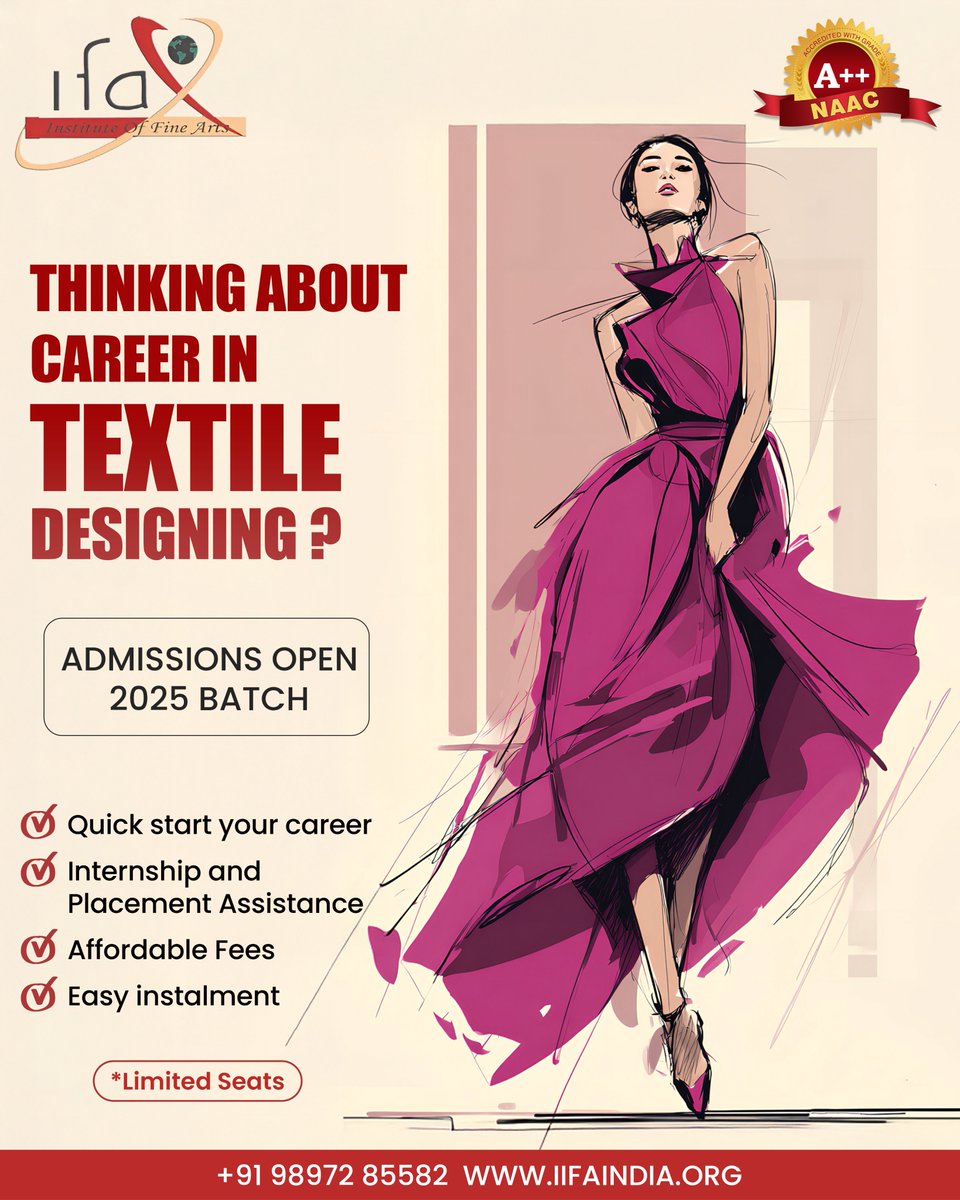 IIFAModinagar's tweet image. Love colors, patterns, and fabrics?
Join IIFA’s Textile Designing course and start your journey to a creative career!
Learn from experts, get internship help, and build your future in fashion.
 
#TextileDesigning #IIFAIndia #DesignYourCareer #CreativeCourses #AdmissionsOpen