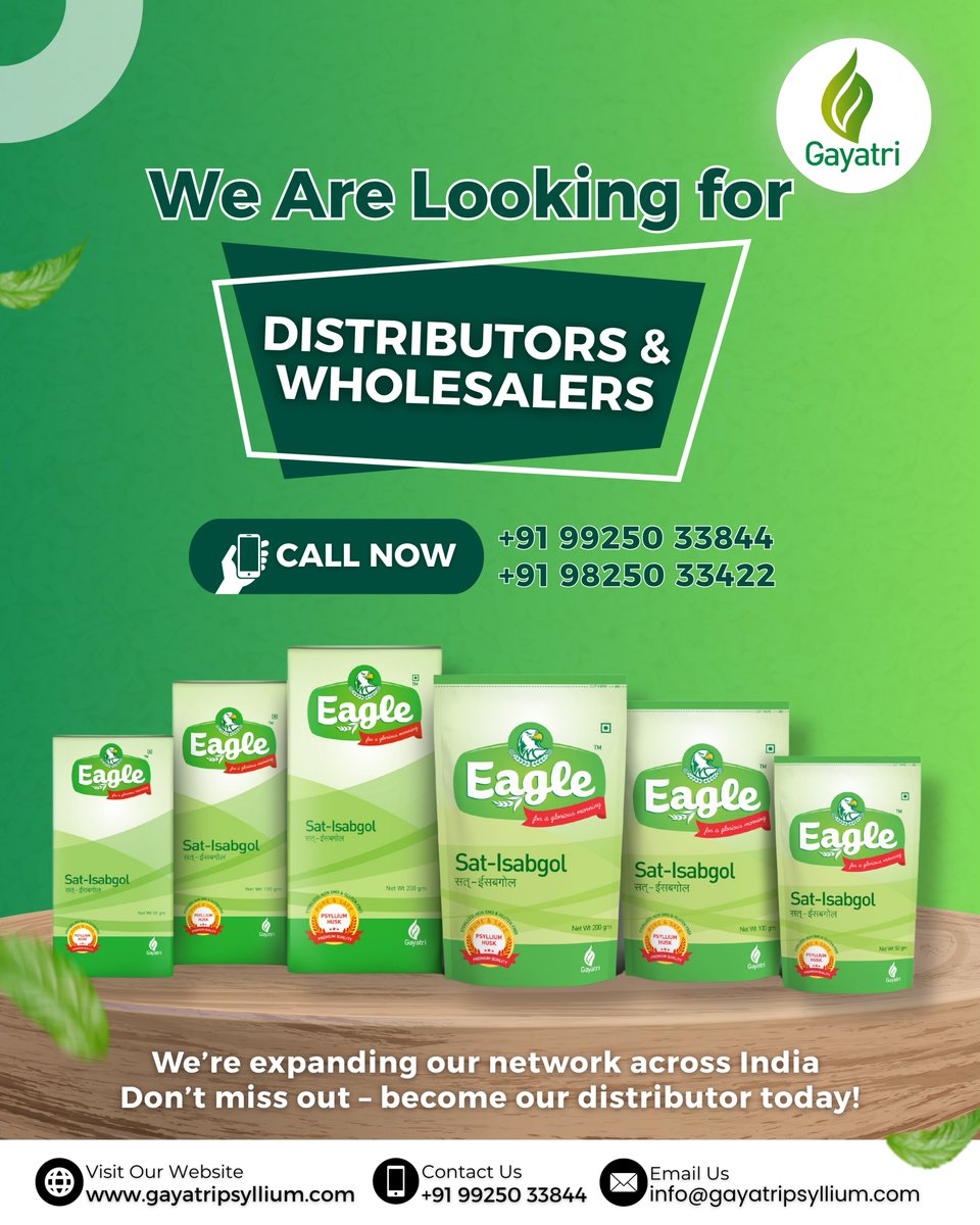 gayatripsyllium's tweet photo. 📢#WeareExpandingAcrossIndia

#BecomeDistributor at #GayatriPsylliumIndustries the growing success of #EagleSatIsabgol and become an #officialdistributor of trusted natural #fiberproducts

🔗https://t.co/0HEp9LuxDO

#Psyllium #PsylliumProducts #DistributorsWanted #WholesalerIndia https://t.co/QrWawXxbkP