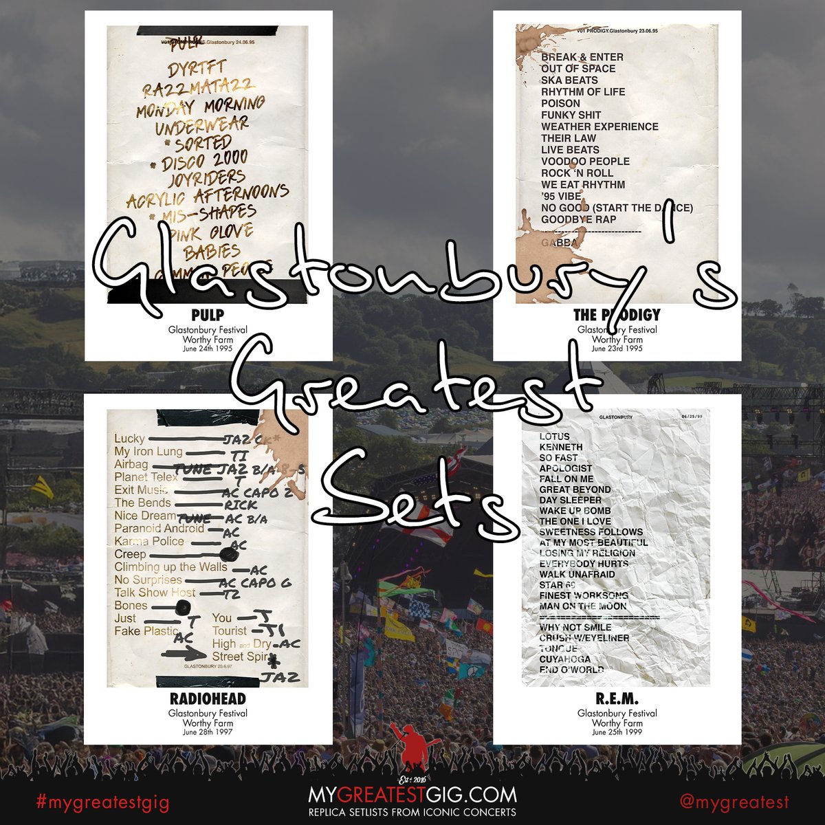 greatestgig's tweet image. 🎸🌈 TOP 30 GLASTONBURY SETS OF ALL TIME? 🌈🎸
We’ve recreated 30 iconic sets with stage-accurate replica setlists – from Bowie to Beyoncé, Pixies to Pulp.
👇 Do YOU agree?
🎶 Who’s missing?
👀 Will #Glastonbury2025 crack the list?

#MyGreatestGig #ReplicaSetlist #Glastonbury