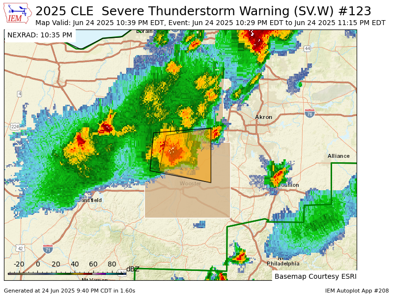 CLE continues Severe Thunderstorm Warning [wind: 60 MPH (RADAR INDICATED), hail: &lt;.75 IN (RADAR INDICATED)] for Medina, Wayne [OH] till 11:15 PM EDT mesonet.agron.iastate.edu/vtec/f/2025-O-…