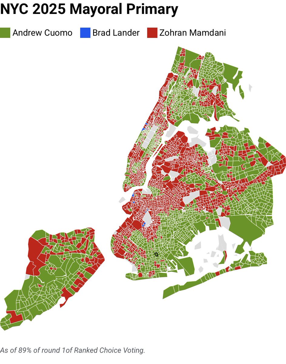 NYC Votes

As of now, this is how New Yorkers voted.
Green = Cuomo
Red = Mamdani