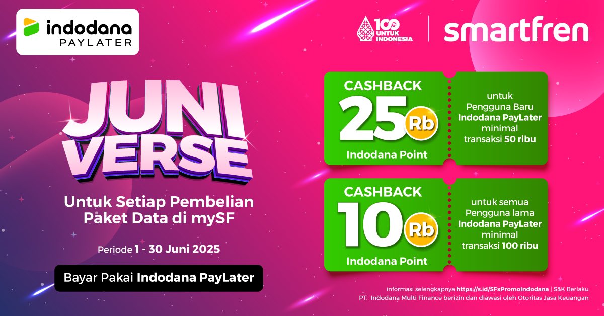 Cashback hingga 25rb Indodana Point untuk pembelian paket data min. 50rb di mySF. Cobain bayar pakai Indodana sekarang 🤩

Landing Page :
s.id/Promomysf

#smartfren #100PersenUntukIndonesia