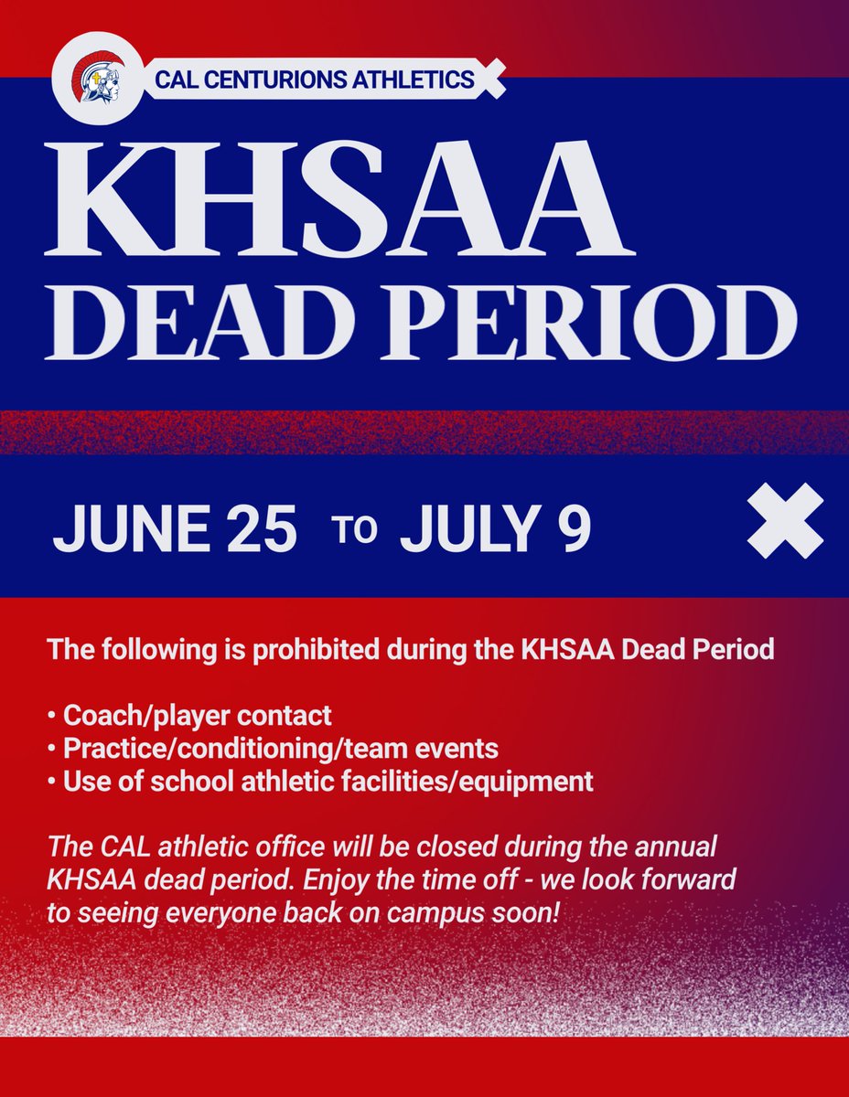 CenturionAD's tweet image. Reminder that the annual KHSAA Dead Period begins at midnight tonight.
We wish everyone a relaxing break and look forward to seeing Centurion athletes, coaches, and fans back on campus soon!