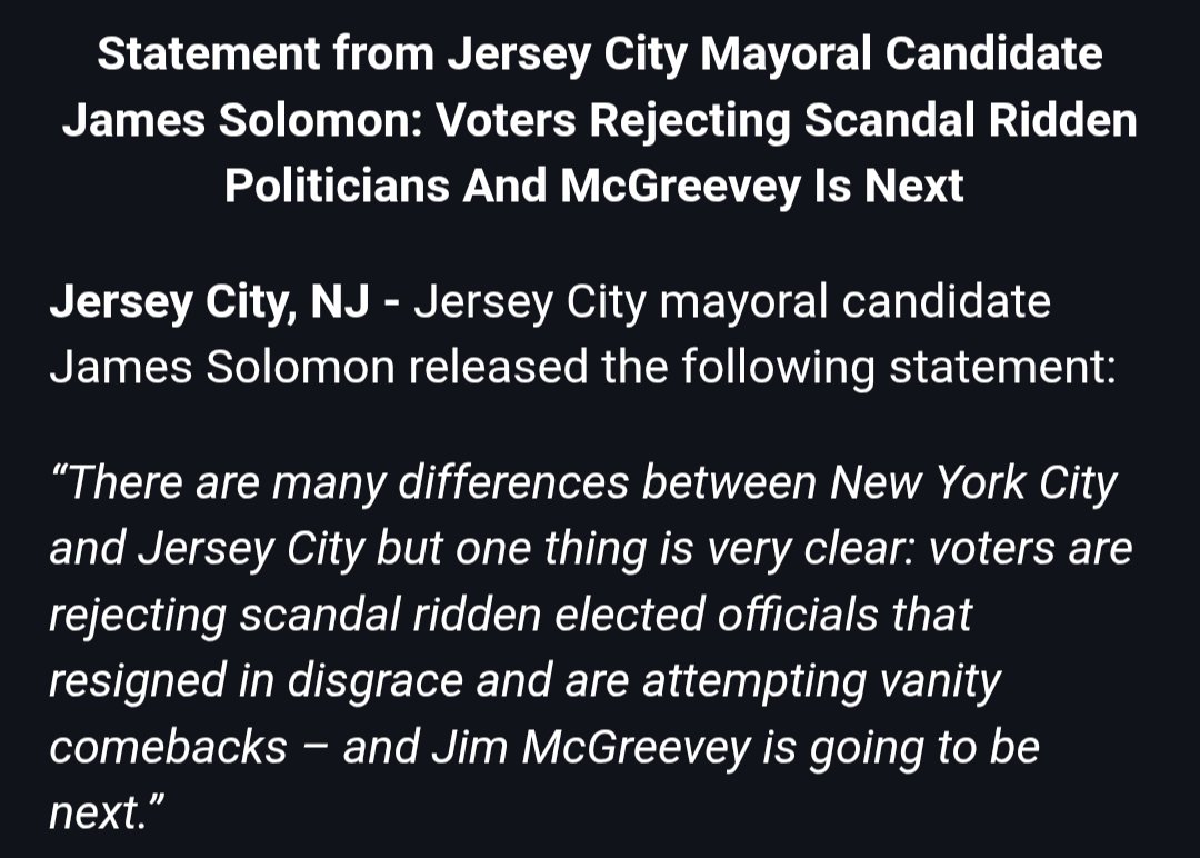 John Heinis (@heinishardnews) on Twitter photo .<a href="/SolomonforJC/">James Solomon</a> says <a href="/andrewcuomo/">Andrew Cuomo</a>'s loss should be concerning to <a href="/jim_mcgreevey/">Jim McGreevey</a>. #newyorkcity #jerseycity
“ ... Voters are rejecting scandal ridden elected officials that resigned in disgrace and are attempting vanity comebacks – and Jim McGreevey is going to be next.” .<a href="/SolomonforJC/">James Solomon</a> says <a href="/andrewcuomo/">Andrew Cuomo</a>'s loss should be concerning to <a href="/jim_mcgreevey/">Jim McGreevey</a>. #newyorkcity #jerseycity
“ ... Voters are rejecting scandal ridden elected officials that resigned in disgrace and are attempting vanity comebacks – and Jim McGreevey is going to be next.”