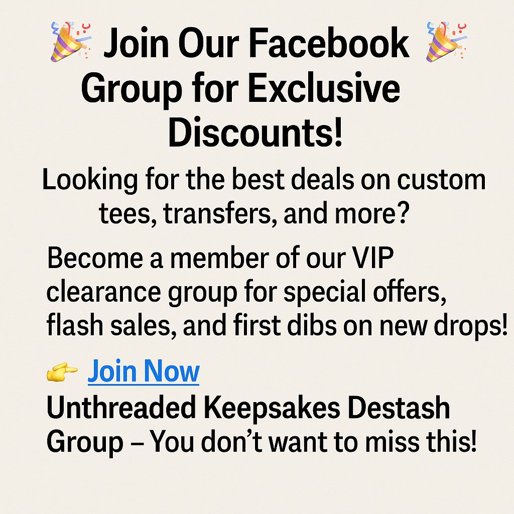 Unthreadedkeeps's tweet image. 🎉 Join Our Facebook Group for Exclusive Discounts! 🎉Looking for the best deals on custom tees, transfers, and more? 💥Become a member of our VIP clearance group for special offers, flash sales, and first dibs on new drops!
👉Join Now
facebook.com/groups/unthrea…