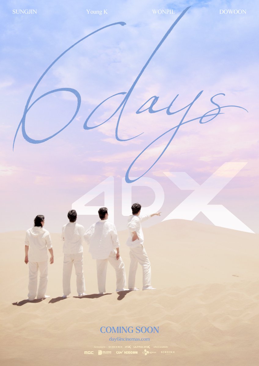 광활한 풍경 속 버스킹의 짜릿함은 SCREENX로,
로드트립의 생생한 떨림은 4DX로.
오직 극장에서 만나는 #DAY6 와의 청춘 여행!

🎬 6DAYS
✨ SCREENX, 4DX 포스터 최초 공개
🎟️ 8월 국내 CGV 단독 개봉 &amp; 글로벌 개봉

Feel the thrill of busking in breathtaking landscapes with SCREENX,
The