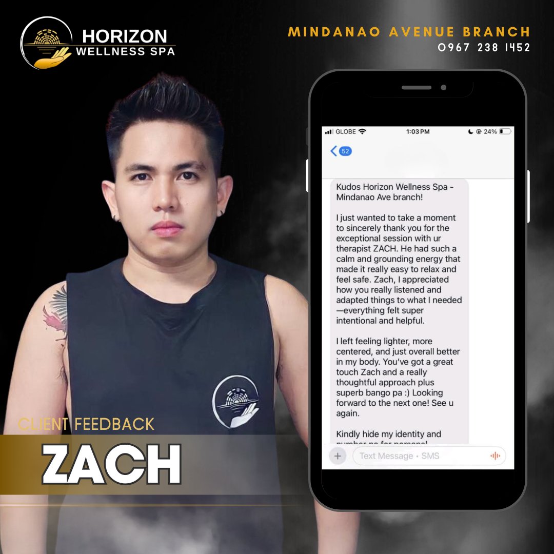 HorizonSpa_'s tweet photo. Thank you for providing your feedback! Rest assured we are committed in providing our clients with a quality massage. 😌

Good job, ZACH! #HorizonSpa https://t.co/Az3zS8gKRz