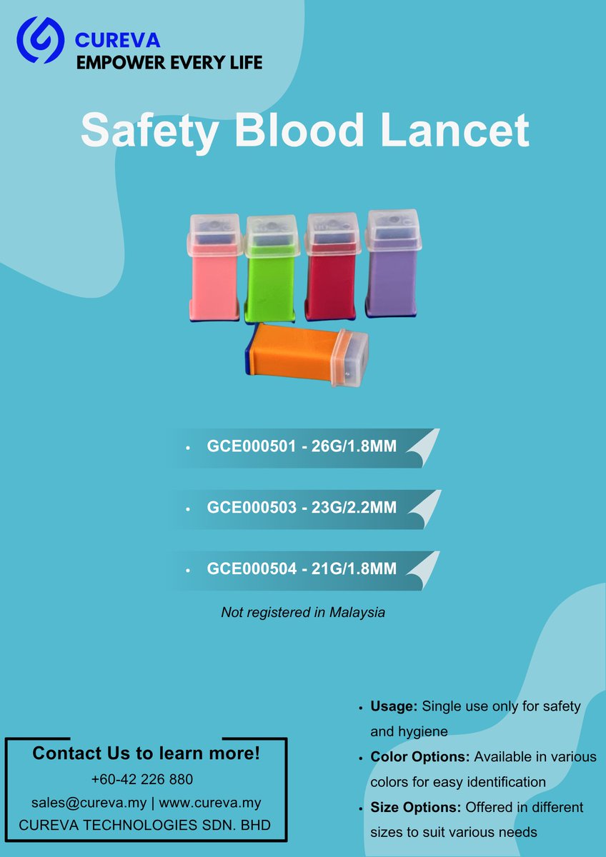 CurevaTech's tweet image. 🩸 Safe &amp;amp; Precise Blood Sampling with Cureva’s Safety Blood Lancet!
✔️ Single-use for hygiene &amp;amp; safety
✔️ Color-coded for easy size identification
✔️ Available in 21G, 23G &amp;amp; 26G
📩 Contact: +60-42 226 880
🔗 cureva.my
#MedicalDevices #Cureva #BloodSampling