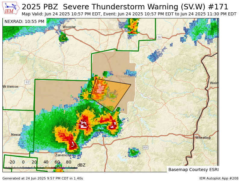 PBZ issues Severe Thunderstorm Warning [wind: 60 MPH (RADAR INDICATED), hail: &lt;1.00 IN (RADAR INDICATED)] for Coshocton, Tuscarawas [OH] till 11:30 PM EDT mesonet.agron.iastate.edu/vtec/f/2025-O-…