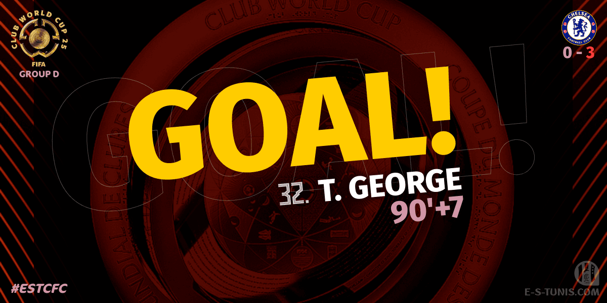 ESTuniscom's tweet photo. ⏱ 90'+7 | #FIFACWC Group D #ESTCFC | 🇹🇳@ESTuniscom 0⃣-3⃣ @ChelseaFC🏴 : ⚽️ T. GEORGE (CFC) scores! / هدف / But https://t.co/Fmb0FZnb8u