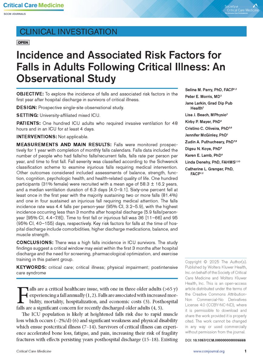 🔍 New research finds a high incidence of falls in adult ICU survivors. There may be a critical window for intervention of 3 months after discharge.

Read the complete clinical investigation in Critical Care Medicine: bit.ly/4kOG4NT

#OpenAccess #SCCM #CritCareMed <a href="/SCCM/">SCCM</a>