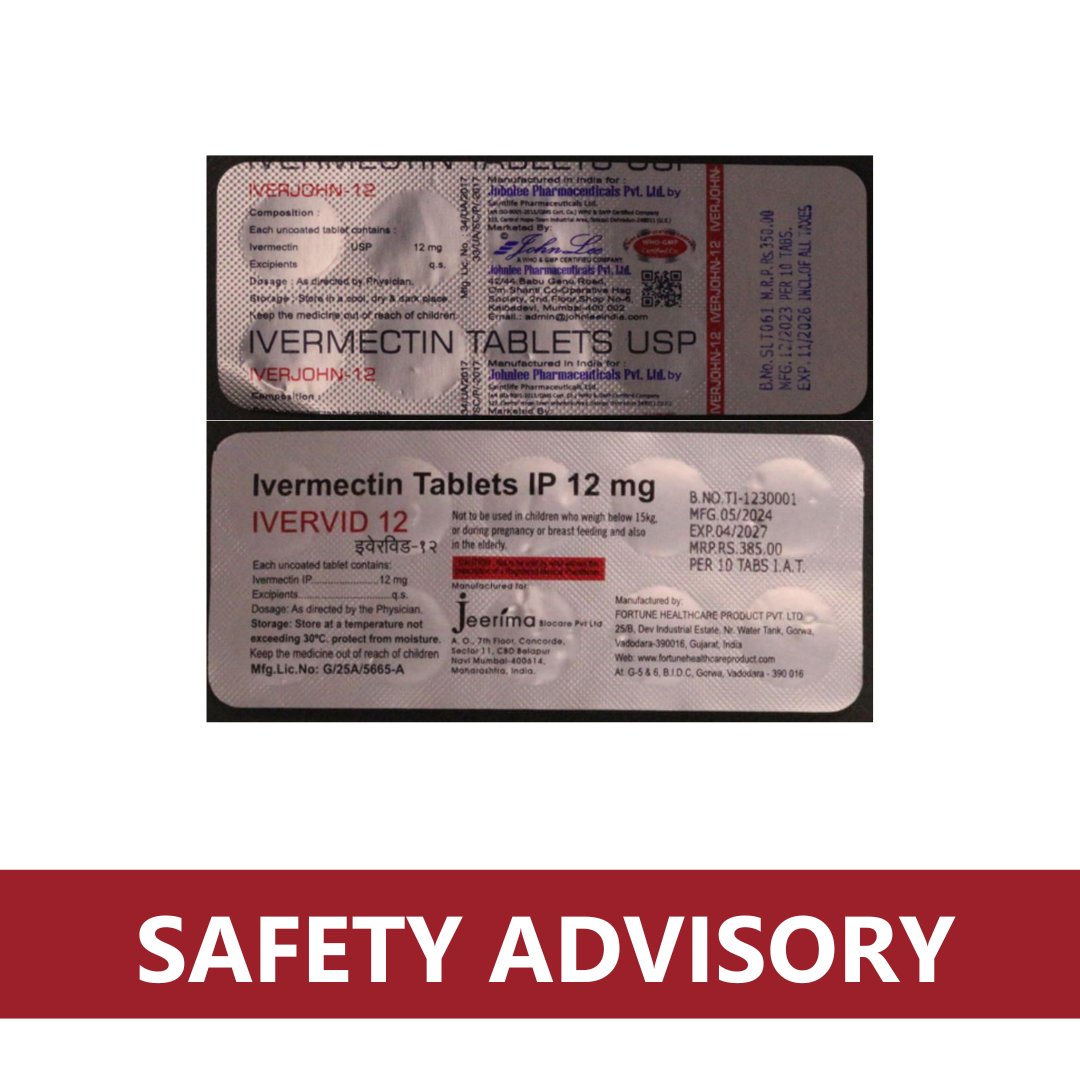 TGAgovau's tweet image. ⚠️Safety advisory - Iverjohn-12 & Ivervid-12 tablets⚠️
We're continuing to see imports of counterfeit ivermectin. Laboratory analysis confirmed Iverjohn-12 & Ivervid-12 contain less than the stated 12mg of the active pharmaceutical ingredient, ivermectin: tga.gov.au/news/safety-al…