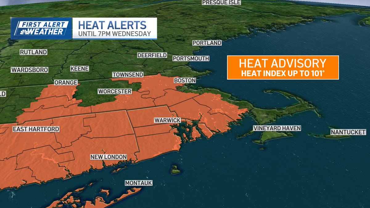 Dominic Brown (@dominicbrowntv) on Twitter photo First Alert: We've got one more day of the heat before some big time relief settles into Greater Boston. In fact, Wednesday is a First Alert. Parts of our area are under a Heat Advisory until Wednesday evening. Feels-like temps could get as high as 101. <a href="/NBC10Boston/">NBC10 Boston</a> #firstalert First Alert: We've got one more day of the heat before some big time relief settles into Greater Boston. In fact, Wednesday is a First Alert. Parts of our area are under a Heat Advisory until Wednesday evening. Feels-like temps could get as high as 101. <a href="/NBC10Boston/">NBC10 Boston</a> #firstalert