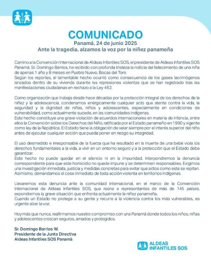 ¡URGENTE!
Aldea Infantiles SOS denuncia la muerte de una niña de apenas 1 año y 8 meses en Pueblo Nuevo, Bocas del Toro, como consecuencia de los gases lacrimógenos lanzados indiscriminadamente por la Policía.
No lo verás en los medios vendidos.