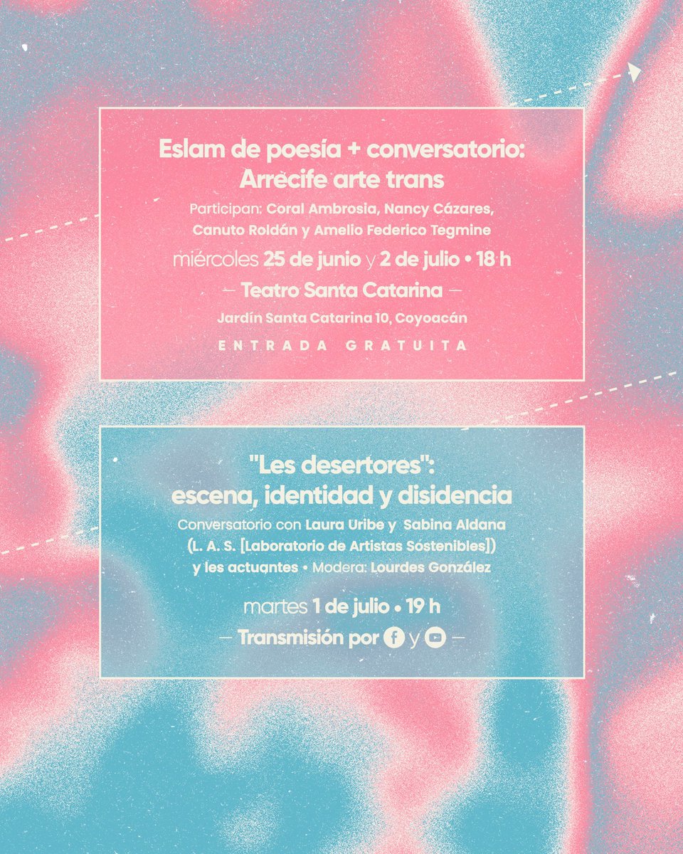 🏳️‍⚧️ ¡La poesía #trans despliega su territorio en el Eslam de poesía + conversatorio: Arrecife arte #trans! Una invitación  a las disidencias sexogenéricas  compartir la palabra, dentro de las #JornadasEnTránsito. ¡Te esperamos #hoy!

⏰ Junio 25, 18 h, Teatro Santa Catarina,