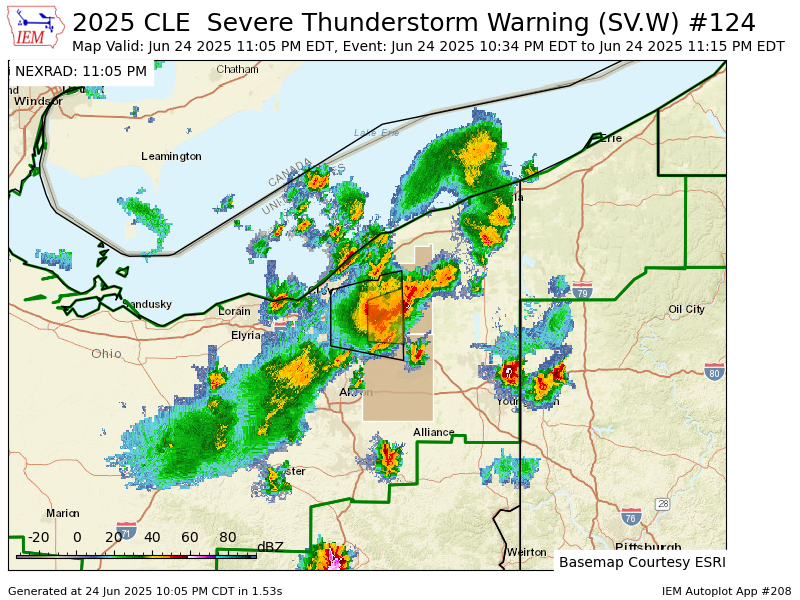 CLE updates Severe Thunderstorm Warning [wind: 60 MPH (RADAR INDICATED), hail: &lt;.75 IN (RADAR INDICATED)] (cancels Cuyahoga, Summit [OH], continues Geauga, Portage [OH]) till 11:15 PM EDT mesonet.agron.iastate.edu/vtec/f/2025-O-…