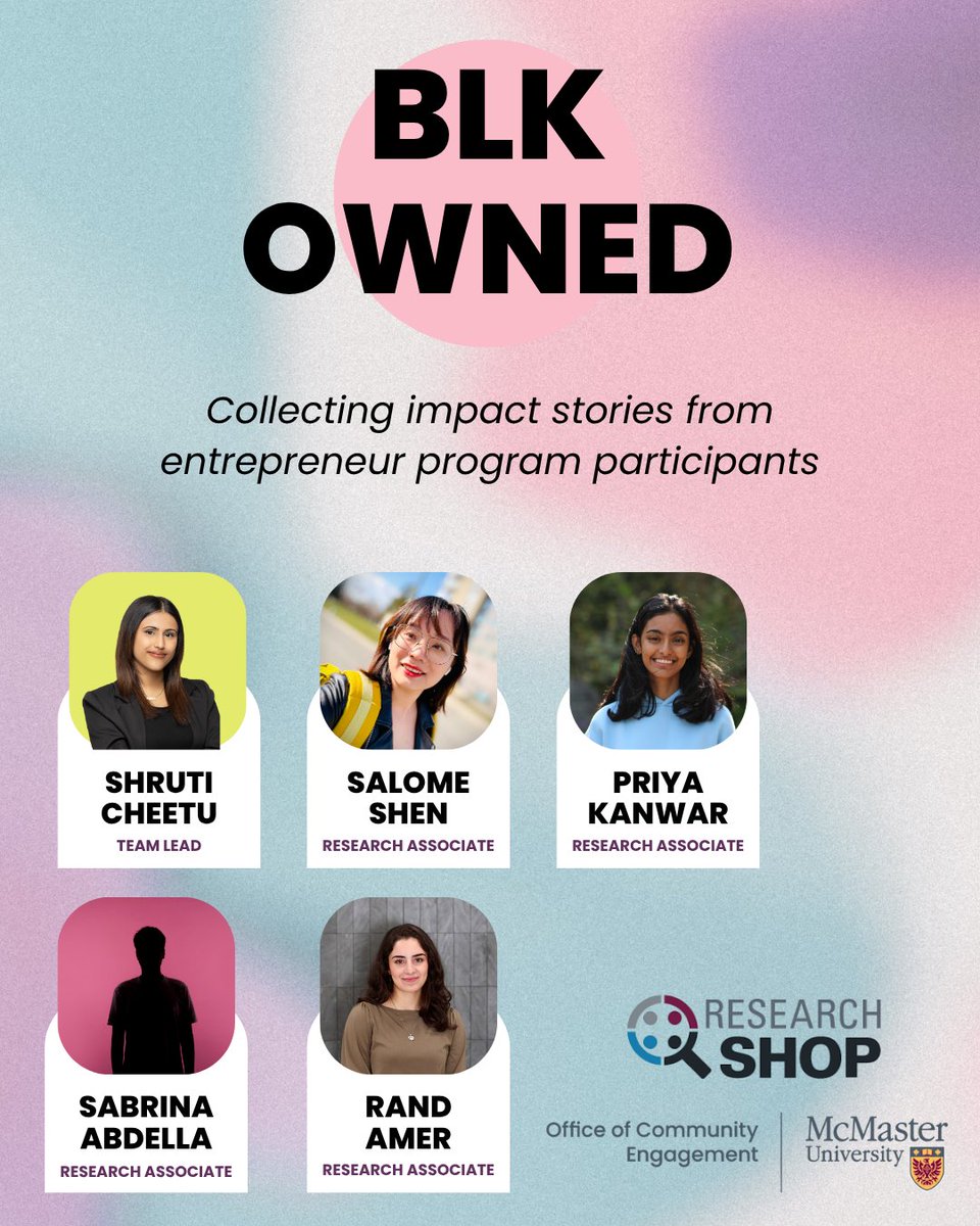 McMasterOCE's tweet image. 👀Check out what #ResearchShop is working on this summer!
👥This team is working with #BLKOwnedHamOnt to collect impact stories from entrepreneur program participants.