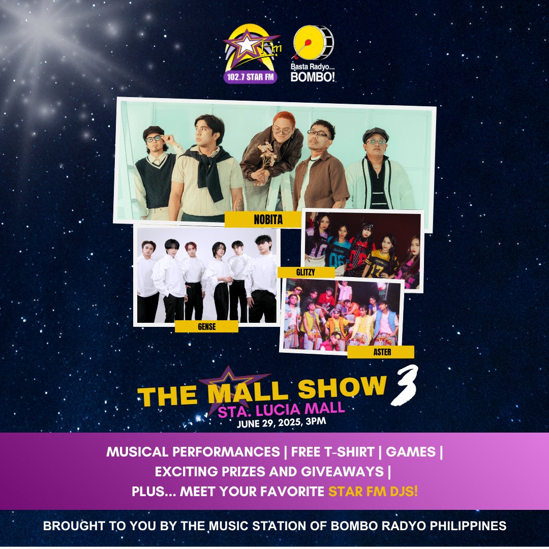 Heto na ang The Mall Show 3! Magkita-kita tayo, Star Nation, sa Sta. Lucia Mall ngayong Linggo, June 29, 2025 at 3pm!
Tampok sa ating music event ang OPM band na Nobita, P-Pop group na 6ENSE, plus special performances from ASTER OFC at Glitzy PH.