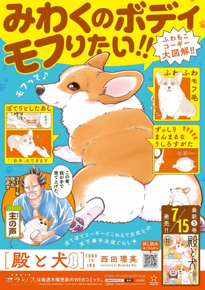 みわくのボディで
✨✨7月15日✨✨
モフりと発売❗️

ぽてぽてコーギーと
こわもて元武士の天下泰平主従ぐらし
『#殿と犬』⑤（著：西田理英）

comic-polaris.jp/polaris_comics…

🐶描き下ろしグッズ付き５巻限定版
（なんとサイン本が100名様に当たる！）
flex-comix.booth.pm/items/6904513

🐱Amazonさん予約