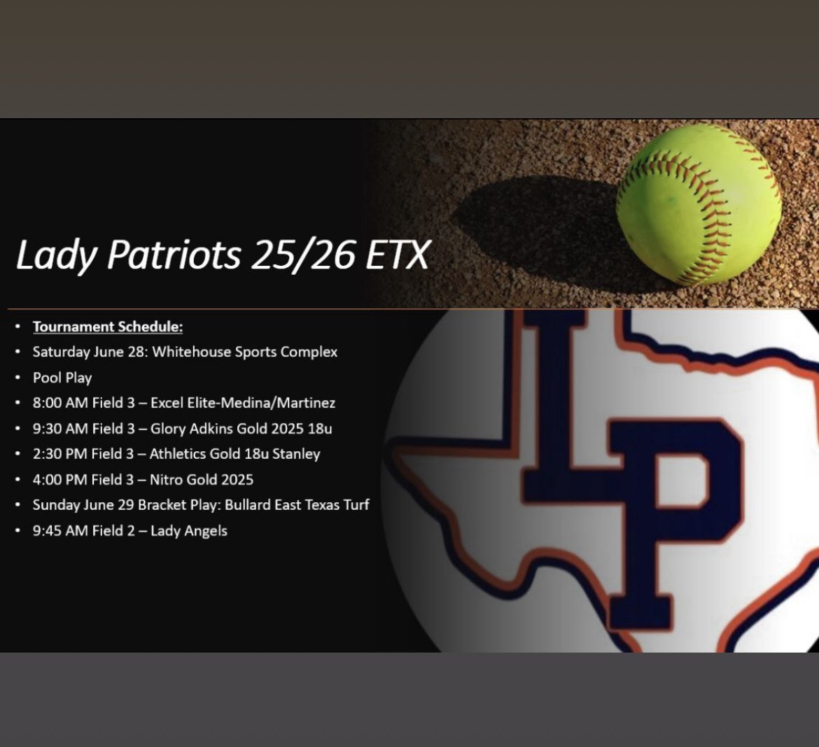 Lady Patriots 26/27 ETX 18U (@lp2526etx) on Twitter photo We will be back in action this weekend in Whitehouse and Bullard at the Beckham Hughes Showcase and Camp. First game Saturday morning at 8:00. Full schedule is below. <a href="/Ladypatriots_Tx/">LadyPatriots-Official</a> We will be back in action this weekend in Whitehouse and Bullard at the Beckham Hughes Showcase and Camp. First game Saturday morning at 8:00. Full schedule is below. <a href="/Ladypatriots_Tx/">LadyPatriots-Official</a>