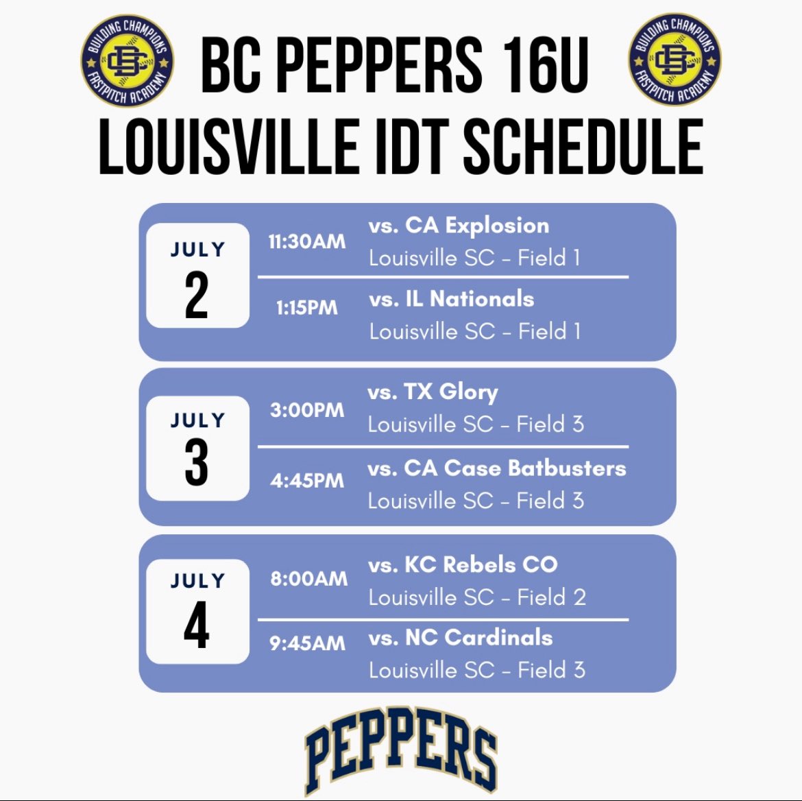 Kallie Griffin (@kalliegriffin08) on Twitter photo Louisville IDT Schedule Drop! Can’t wait! Let’s go Peps! 🌶️ 🥎
<a href="/BC_Splitt/">BC Peppers-Wallace 16U</a> <a href="/bcpepperswall/">BCPeppers-Wallace</a> <a href="/JWall1820/">Jeff Wallace - GM - BC Peppers</a>
<a href="/MoStateSoftball/">Missouri State Softball</a> <a href="/UIWSoftball/">UIW Softball</a> <a href="/LibertySB/">Liberty Softball</a> <a href="/FAUSoftball/">Florida Atlantic Softball</a> <a href="/MUSaintsSB/">Maryville Softball</a> <a href="/Stephensstarssb/">Stephens Softball</a> <a href="/kcroossb/">Kansas City Softball</a> <a href="/SoftbalAmerica/">Softball America</a> Louisville IDT Schedule Drop! Can’t wait! Let’s go Peps! 🌶️ 🥎
<a href="/BC_Splitt/">BC Peppers-Wallace 16U</a> <a href="/bcpepperswall/">BCPeppers-Wallace</a> <a href="/JWall1820/">Jeff Wallace - GM - BC Peppers</a>
<a href="/MoStateSoftball/">Missouri State Softball</a> <a href="/UIWSoftball/">UIW Softball</a> <a href="/LibertySB/">Liberty Softball</a> <a href="/FAUSoftball/">Florida Atlantic Softball</a> <a href="/MUSaintsSB/">Maryville Softball</a> <a href="/Stephensstarssb/">Stephens Softball</a> <a href="/kcroossb/">Kansas City Softball</a> <a href="/SoftbalAmerica/">Softball America</a>