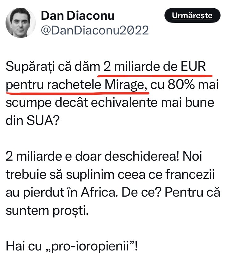 S.P. 🇷🇴 (@petrescusandu) on Twitter photo Băi domnilor <a href="/DanDiaconu2022/">Dan Diaconu</a> , Mirage e un avion de vânătoare, iar Mistral e un sistem antiaerian cu rază scurtă de acțiune. Or fi cititorii voștri proști ca noaptea, dar nu e frumos ce faceți cu mințile lor rarefiate. In rest, când moskva se smiorcăie, e de bine. Băi domnilor <a href="/DanDiaconu2022/">Dan Diaconu</a> , Mirage e un avion de vânătoare, iar Mistral e un sistem antiaerian cu rază scurtă de acțiune. Or fi cititorii voștri proști ca noaptea, dar nu e frumos ce faceți cu mințile lor rarefiate. In rest, când moskva se smiorcăie, e de bine.