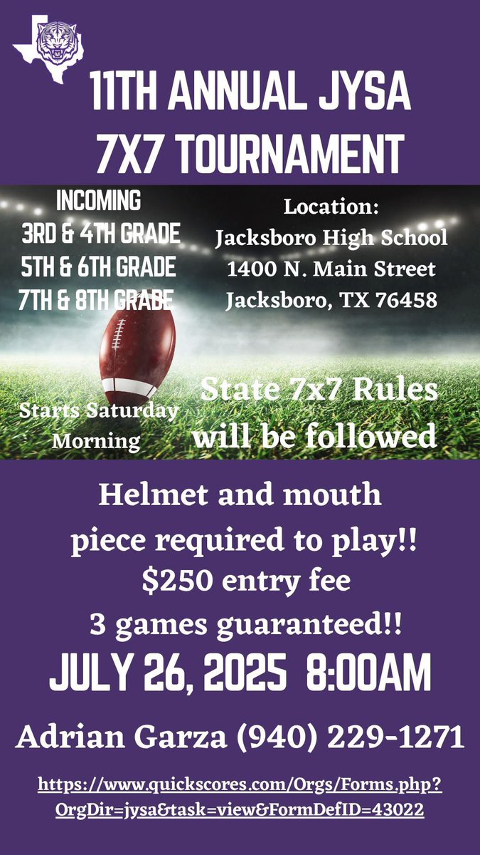 JYSASPORTS's tweet image. Registration is open for the 11th Annual JYSA 7x7 Tournament!!
Who’s Coming?
quickscores.com/Orgs/Forms.php…...
