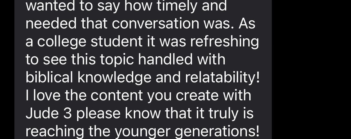 A super kind message from a college student about the latest <a href="/jude3project/">Jude 3 Project</a> podcast episode featuring <a href="/esaumccaulley/">Esau McCaulley</a>. I love that we get to impact the next generation in this way.