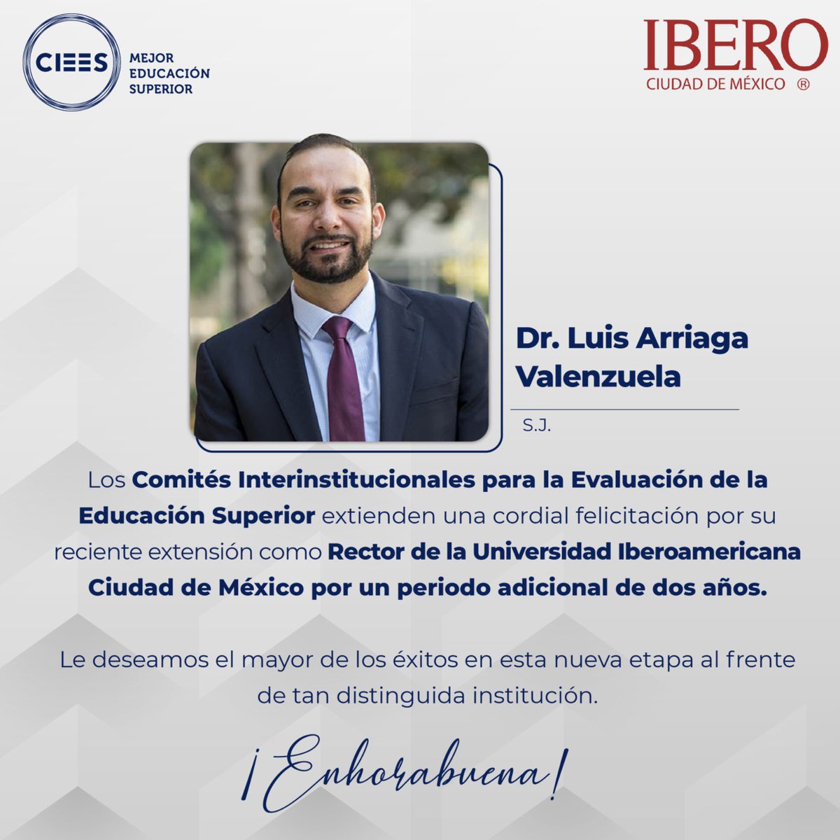 Extendemos nuestra felicitación al rector de la <a href="/IBERO_mx/">IBERO CDMX</a> por la extensión de su periodo al frente de esta casa de estudios. 

¡Enhorabuena! 👏🏻