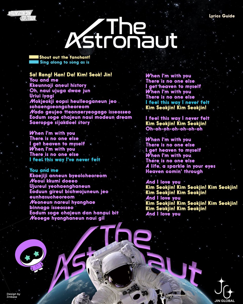 'RUNSEOKJIN_EP.TOUR' 2025 Lyrics &amp; Fanchant Guide 🎸 

13. I will come to you
14. The Astronaut 

#RUNSEOKJIN_epTOUR
#Jin_TOUR