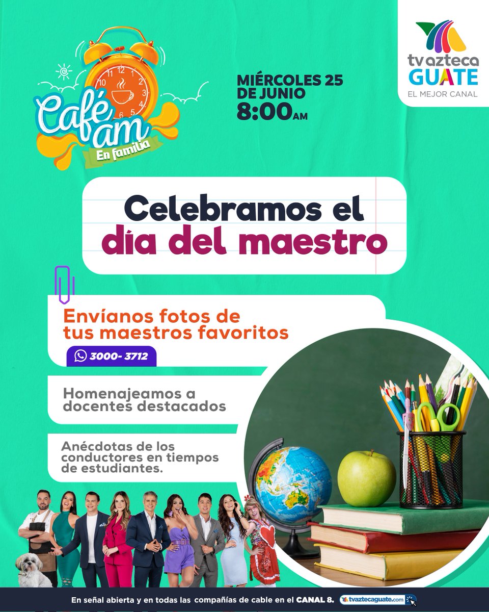 📚✨ ¡Este miércoles celebramos a quienes dejan huella en nuestras vidas!
En Café AM en Familia rendimos homenaje a los grandes protagonistas de la enseñanza: ¡los maestros! 👩‍🏫👨‍🏫
📺 Por TV Azteca Guate, canal 8 en todas las compañías de cable
#CaféAMEnFamilia #DíaDelMaestro