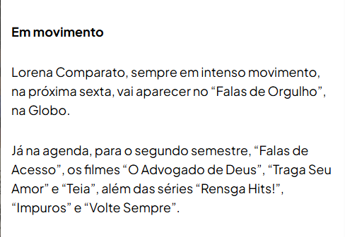 dia_tiago's tweet photo. Lorena Comparato tem agenda de estreias movimentada.
Na próxima sexta - feira, vai aparecer no #FalasDeOrgulho.
Para o 2º semestre, #FalasDeAcesso, os filmes “O Advogado De Deus”, “Traga Seu Amor” e “Teia”, além das séries #RensgaHits!, #Impuros e #VolteSempre.
📰 Flávio Ricco https://t.co/vs86uF9lZ5