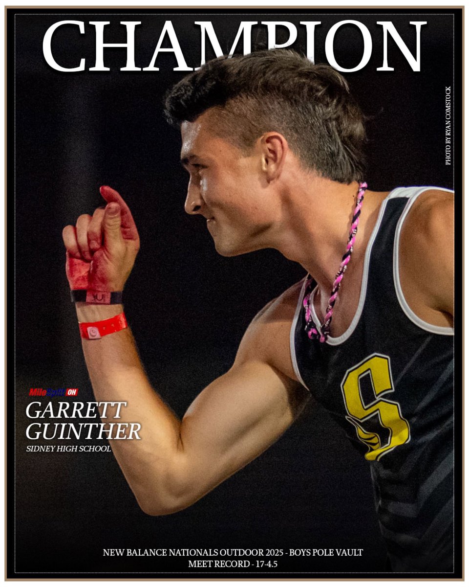 OHMileSplit's tweet image. Get that boy on the front cover 📖
Garrett Guinther - Sidney HS
17-4.5 Pole Vault
Personal Best
Meet Record
New Balance Nationals Champion