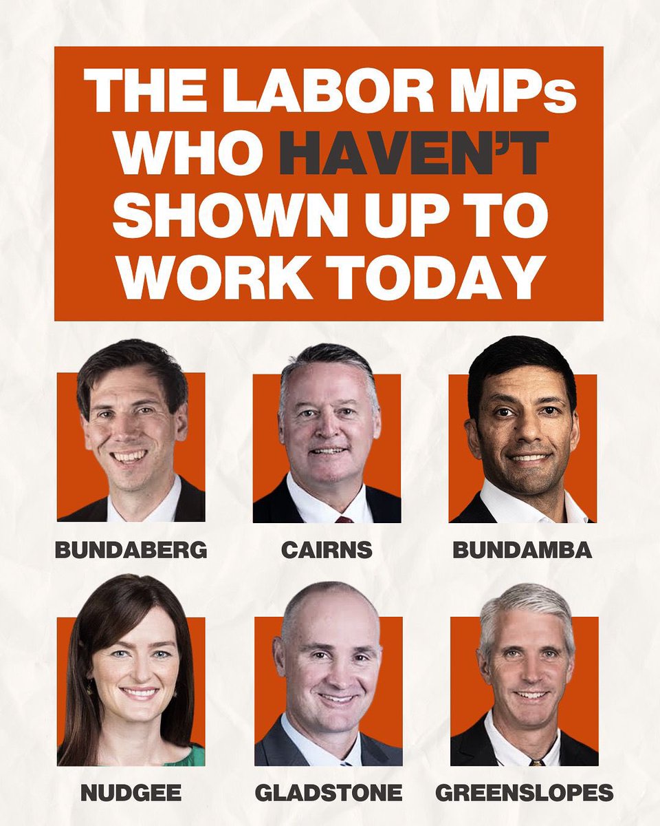 Parliament is sitting this week - but these Labor MPs didn’t show up to work today. 

This is a failure of leadership from <a href="/StevenJMiles/">Steven Miles</a> and an extraordinary new low for Qld Labor the day after the Budget.

It’s their job to be in Parliament - they must explain themselves #qldpol