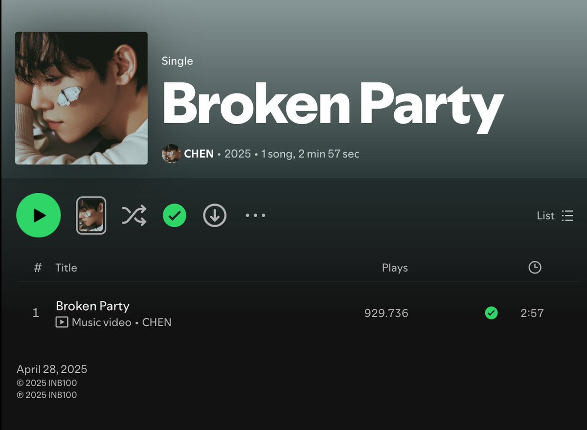 For Chen Union 🌸 | DOOR🚪 (@forchenunion) on Twitter photo CHEN - Broken Party has reached over 900k streams on Spotify 🎉
Let's go 1m! 🔜
🔗open.spotify.com/track/7C9YOYpE…
Listen together on Stationhead
🔗stationhead.com/c/soondingie
Our curated playlist for Broken Party:
▶️open.spotify.com/playlist/4cMGI…
#CHEN #첸 #BrokenParty <a href="/CHEN_INB100/">CHEN_official</a> CHEN - Broken Party has reached over 900k streams on Spotify 🎉
Let's go 1m! 🔜
🔗open.spotify.com/track/7C9YOYpE…
Listen together on Stationhead
🔗stationhead.com/c/soondingie
Our curated playlist for Broken Party:
▶️open.spotify.com/playlist/4cMGI…
#CHEN #첸 #BrokenParty <a href="/CHEN_INB100/">CHEN_official</a>