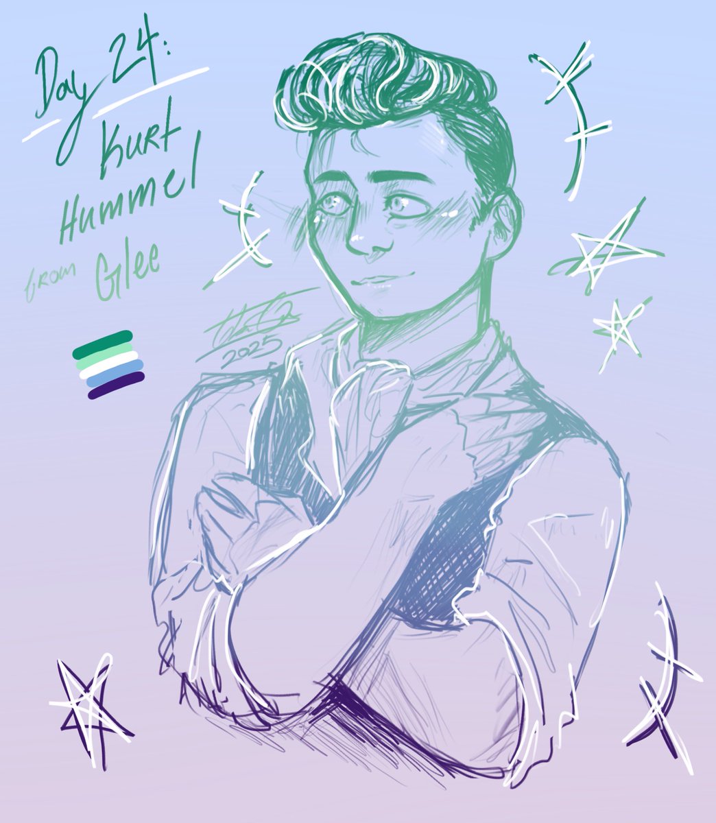 spomsart's tweet photo. Today is Kurt Hummel!!! The character who lowkey made me realize I was trans ?!?!?! 💚🩵🤍🩵💙
☆ 
#HappyPrideMonth #HappyPrideMonth2025 #LGBTQArtist #ArtistOnTwitter #Glee #KurtHummel #GleeFanart #Fanart https://t.co/JPDDz8rYvf
