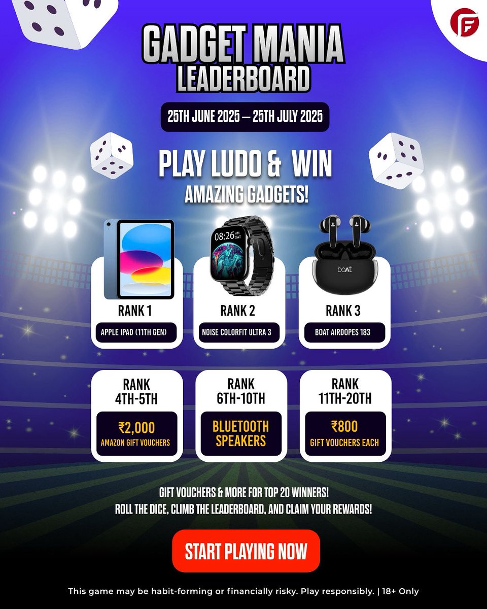 FantaFeatApp's tweet photo. 🎲 Roll the dice &amp; rise up the #GadgetMania Leaderboard!

🏆 Win an Apple iPad, Smartwatch &amp; more!

🗓 June 25–July 25 | Top 20 Win Big

🎁 Don’t miss it — Play Ludo Now!

🔗 https://t.co/VZ2Vh4VDHf

#LudoGame #PlayAndWin #GamingContest https://t.co/ssCePT27AT