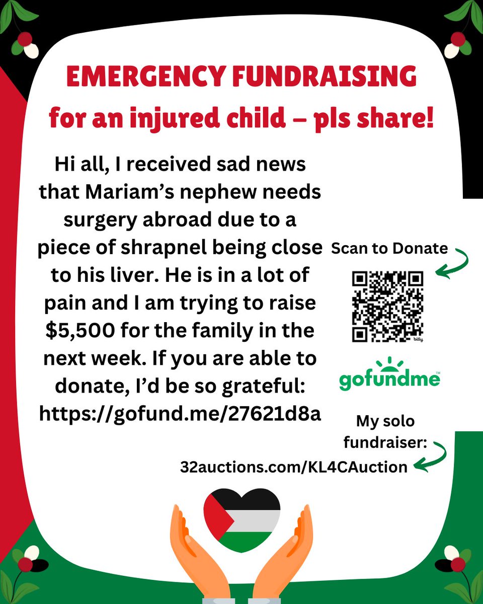 ✨Please Share!✨

I've received news that Mariam's nephew was injured the day he was to evacuate and needs surgery due to shrapnel being close to his liver. If you're able to help, I would be so grateful. 

GFM: gofund.me/4d5e69c0
Solo Fundraiser: 32auctions.com/KL4CAuction