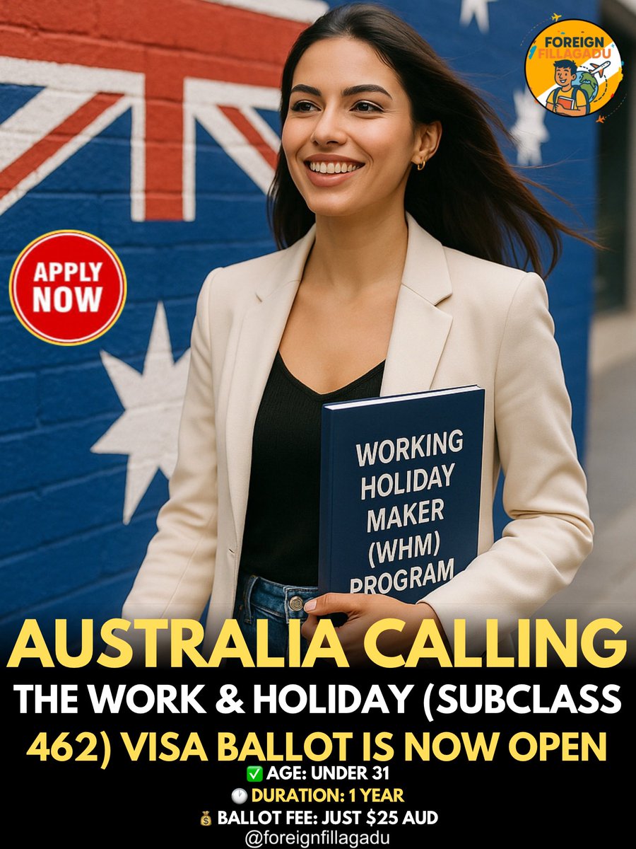 ForeignFillagdu's tweet image. Australia’s Work &amp;amp; Holiday (Subclass 462) Visa ballot system is now open for eligible countries! 🎉

You must first enter the ballot — if selected, you’ll get an invitation to apply for the visa.

#australiavisa #workandholidayvisa #subclass462 #australia2025 #whmprogram