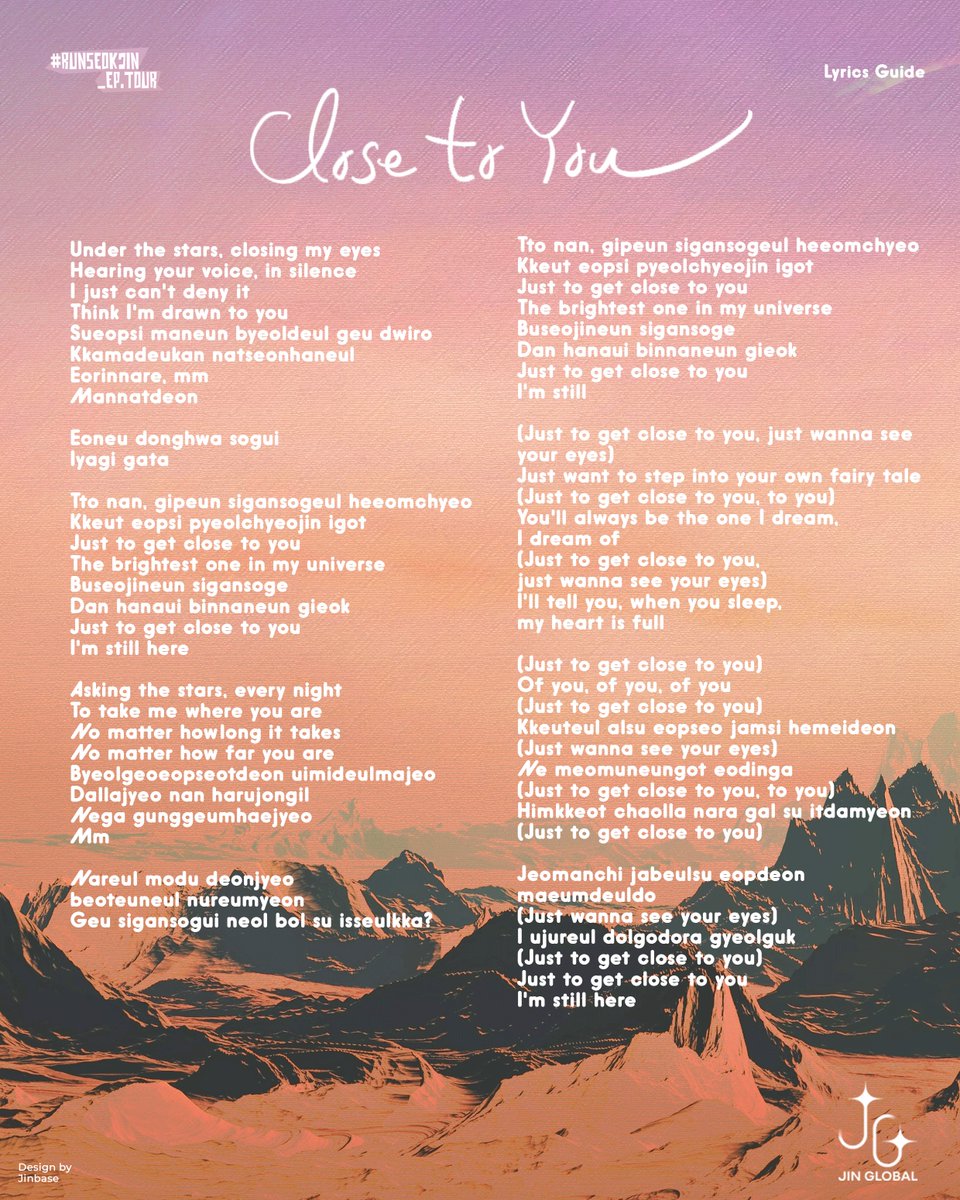 'RUNSEOKJIN_EP.TOUR' 2025 Lyrics &amp; Fanchant Guide 🎸 

21. Yours
22. Close to You

#RUNSEOKJIN_epTOUR
#Jin_TOUR