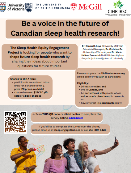 THEYCRH's tweet photo. Join the Sleep Health Equity Engagement Project (SHEEP) to share your insights on sleep health and help shape future research! 

To join, visit the link https://t.co/F4Mxx0HhPM 
or call 250-807-8423 for a phone survey. https://t.co/4vC2gbvtGs