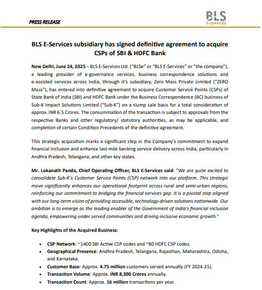 IndianStockEco's tweet image. 🚨BLS E-Services:
👉The company subsidiary has signed a definitive agreement to acquire CSPs of #SBI &amp;amp; #HDFC Bank
#BLSEservices #StocksInFocus #StockToWatch